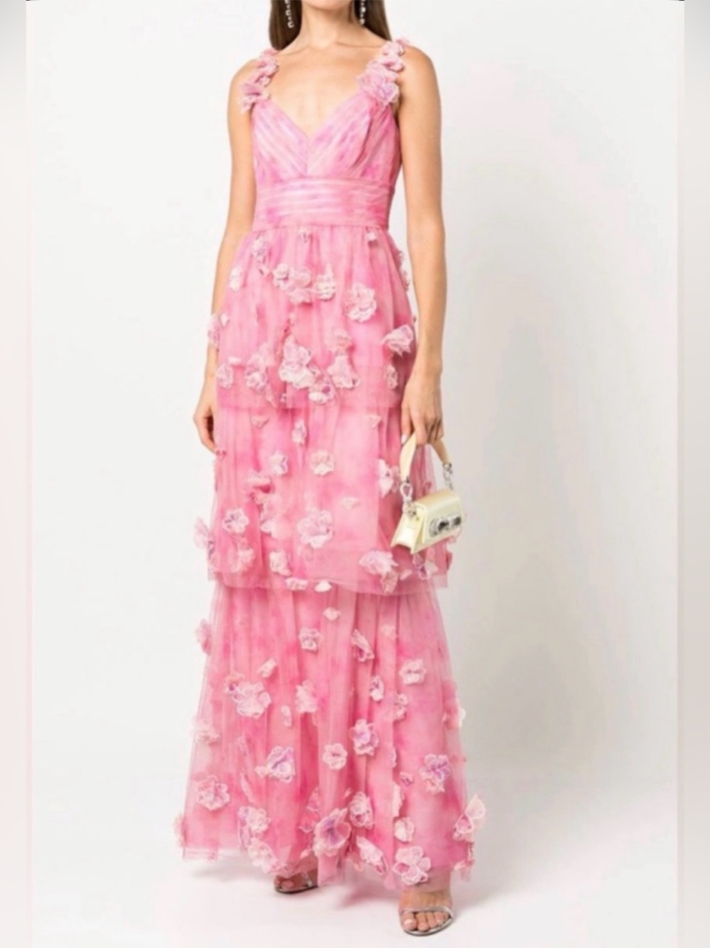 NEW MARCHESA NOTTE Pleated Tiered Tulle Gown w/ 3D Flowers 2